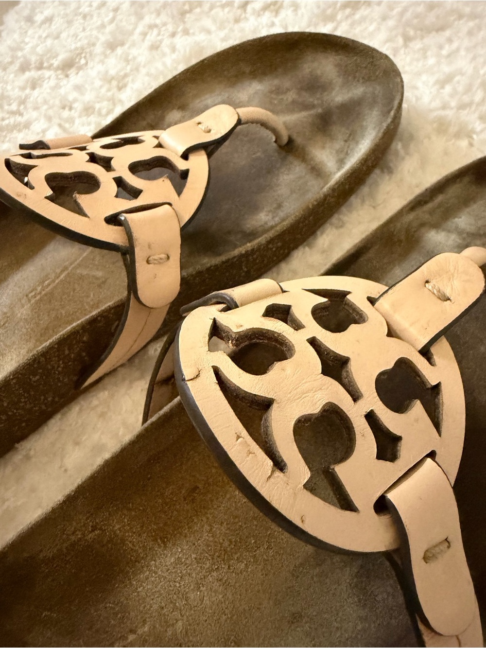 Tory Burch Brown and Light Pink Leather Thong Sandals